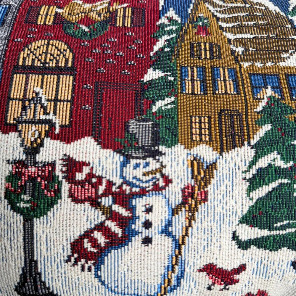 Christmas Winter Village Tapestry Lumbar Pillow Snowman Houses Navy Blue 23x11